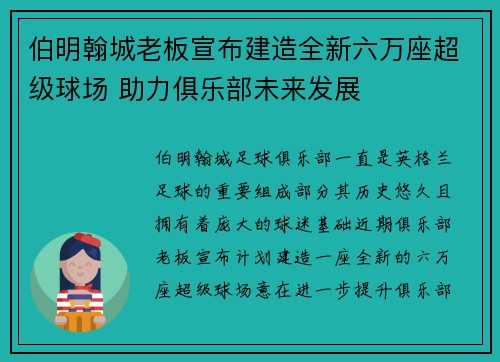 伯明翰城老板宣布建造全新六万座超级球场 助力俱乐部未来发展 伯明翰城老板宣布建造全新六万座超级球场 助力俱乐部未来发展